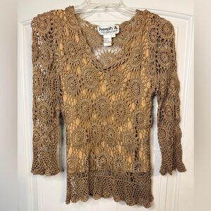 Joseph A Boutique Crochet Lace Blouse Tan Boho Sheer Rayon-Large